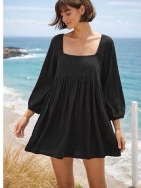 Know supply, Women's Black Square-Neck Mini Babydoll Dress L